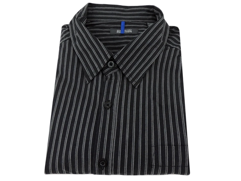 Kenneth Cole Reaction Cotton Dress Shirt Reg. Fit Charcoal Gray Black Striped XL - Image 1 of 1