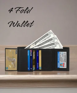 Leatherboss Genuine Leather Men RFID Blocking 4 FOLD Wallet, Black - Picture 1 of 9