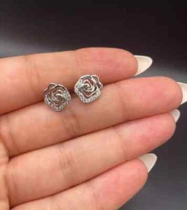 Sterling Silver Flower Cut Created Diamond Stud Earrings COMES IN A BOX - Picture 1 of 4