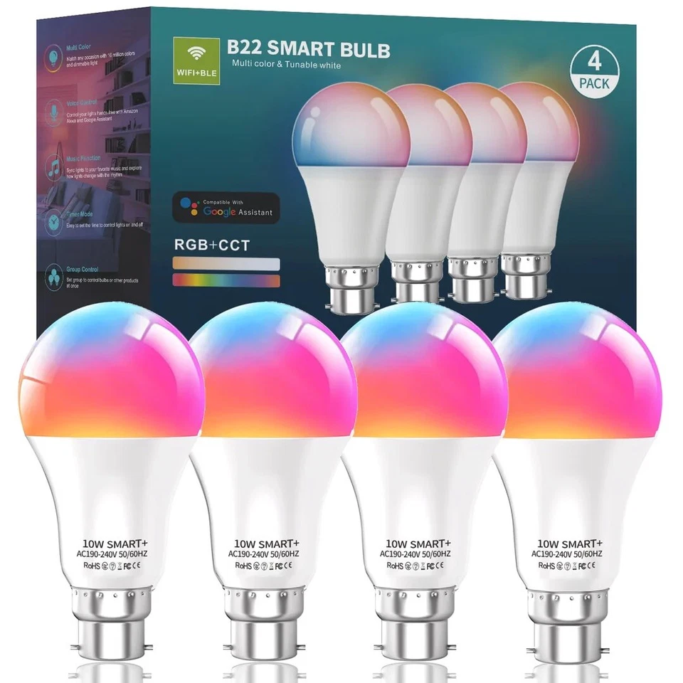 4x Keepsmile B22 Smart Light Bulbs, 10W WiFi Bluetooth Music Sync Color Changing - Image 1 of 4