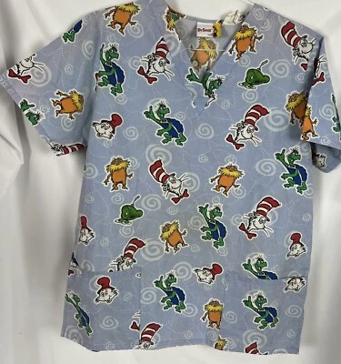 Vintage Cat In The Hat by Dr Seuss Nurse Scrubs Top Cotton Size Medium - Image 1 of 3