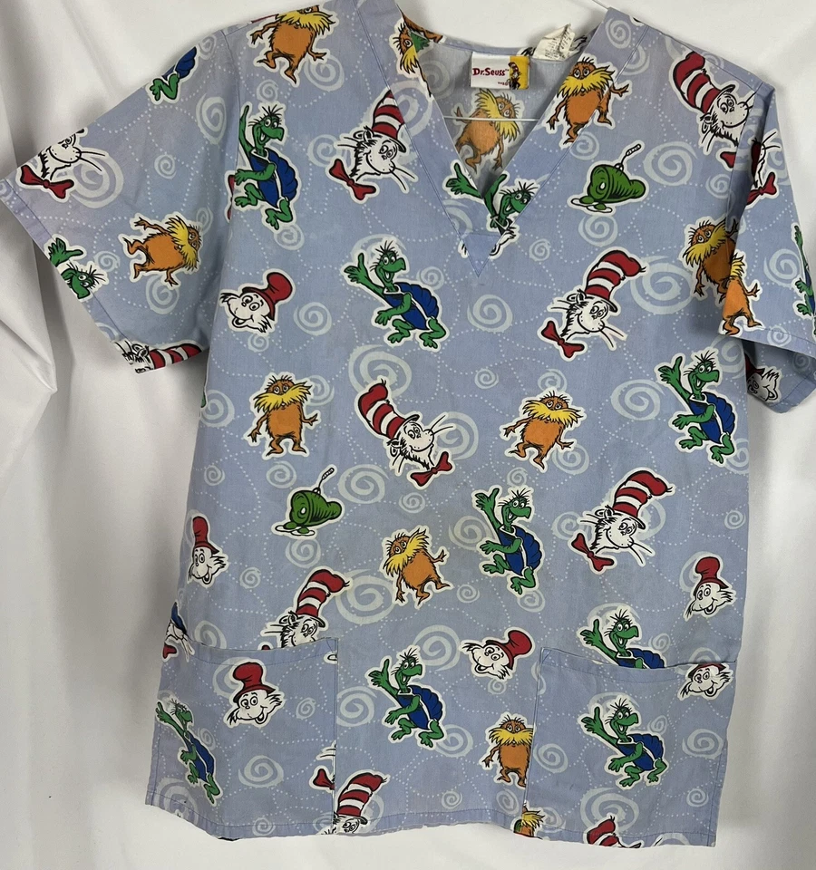 Vintage Cat In The Hat by Dr Seuss Nurse Scrubs Top Cotton Size Medium - Image 1 of 3