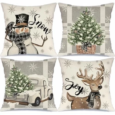 Christmas Snowman Reindeer Throw Pillow Covers Christmas 18" x 18" (Pack of 4) - Image 1 of 4