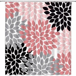 Dahlia Shower Curtain Pinnata Floral Black Gray Coral Pink Flower Pattern Fab... - Picture 1 of 7