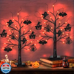 Confezione 2 Albero di Halloween 24 Pollici Nero con 24 Luci LED Arancioni, Timer/USB/Batt - Foto 1 di 5