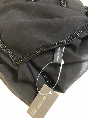 Kenneth Cole 真丝披肩 70X20 黑色串珠边框轻便长方形围巾全新带标签 — 第 1/4 张图片