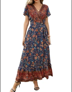 Pretty Garden Damen Wickel Maxi Bohemian Blumen Print Kleid Large Kurzarm - Bild 1 von 14