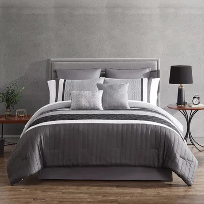 HALLMART COLLECTIBLES 12pc King Rossi Embroidered Colorblock Comforter & Sheets Bedding Set - Gray