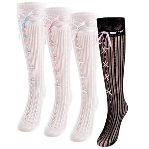 Women Bow Sweet Bow Knee High Socks Vintage Tiered Ruffled Lace Stockings Thin - Picture 1 of 19