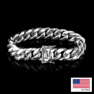 14mm Heavy Stainless Steel Miami Cuban Link Bracelet White Gold Plated for Men - Picture 1 of 6