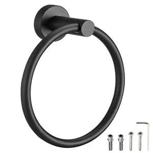 Black Bath Hand Towel Holder Ring Wall Mounted Stainless Steel Round Hanger Rack - Picture 1 of 7