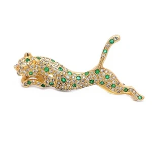 Diamond Emerald Panther Brooch 14k Yellow Gold Full Figure - Picture 1 of 5