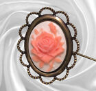 HATPIN with PEACH FLOWERS on White CAMEO in an Old Brass  Finish Setting