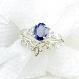 Juego de anillos de arenisca azul ~ anillo delicado ~ anillo de arenisca azul corte ovalado ~ 925 esterlinas - Imagen 1 de 6