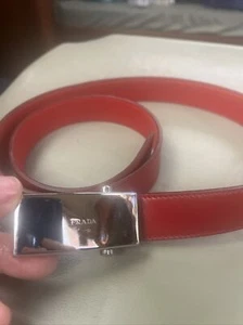 Vintage Designer Logo Buckle Belt Silver Red Leather Size 34 - Picture 1 of 5