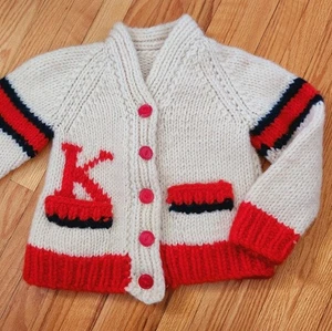 Vtg Kid's Handknit Cardigan Sz 4 Cowichan Sweater Monogram K Varsity Retro Knit - Picture 1 of 11