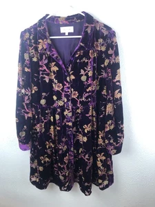 Dear John Baydoll Dress SZL Purple Floral Velvet Long Sleeves Button Up Fall A26 - Picture 1 of 6