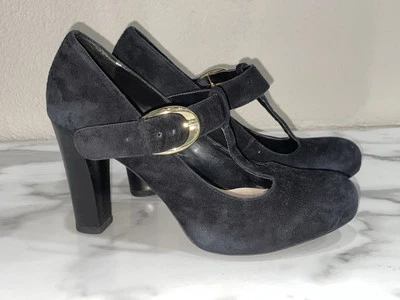 Franco Sarto Delilah Black Suede/Leather T-Strap Buckle Block Heels Size 8 1/2 M - Image 1 of 4