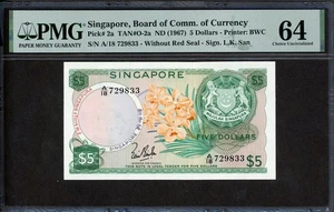Singapore 1967 5 Dollars,P2a,PMG 64 UNC - Picture 1 of 2