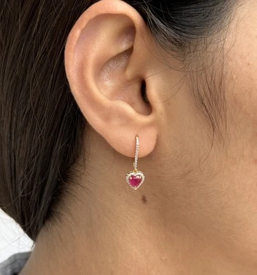 0.25ct Natural Diamond Heart Ruby Dangle Earrings 14K Yellow Gold Drop Gift - Image 1 of 2