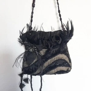 Bolso Cartera de Noche Mary Frances Negro Pluma Cuentas  - Imagen 1 de 14