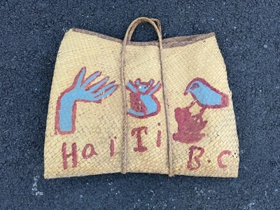 Bolso canasta tejido de mimbre haitiano pintado a mano único vintage años 60 ¡RARO! Foto 1 de 4