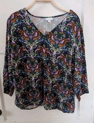 J Jill XL Petite Printed Satin V-Neck Popover Black Floral Bird V Long Sleeve - Image 1 of 4