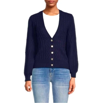 Elie Tahari Navy Blue Cable Knit V-Neck Cardigan Sweater NWT Large - Image 1 of 4