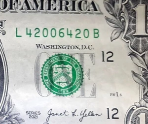 Fancy Serial Number $1 Bill Series 2021 ~42006420~ ((Triple sujetalibros 420)) - Imagen 1 de 3