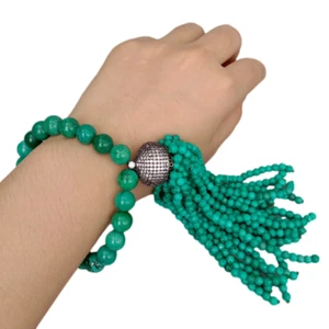 Green Turquoise Tassel Bracelet Cubic Zirconia Pave Pave Cap Tassel Mala - Picture 1 of 6