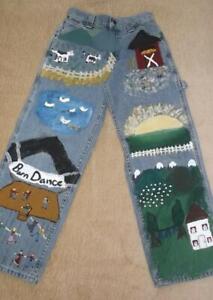 VTG Lee Riveted Denim Carpenter Jeans sz 11 OOAK Hand Painted Barn Dance Animals