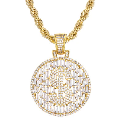 Letrero de dólar de circonita cúbica helada colgante redondo cadena de cuerda de 20 pulgadas hip hop BCR 17104 para hombre Foto 1 de 4