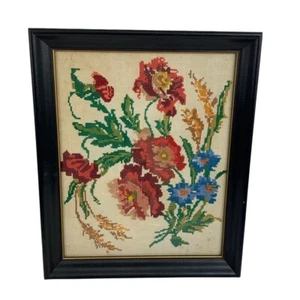 Vintage Framed Finished Needlework Wall Hanging Picture Floral Cottagecore 1964 - Picture 1 of 11