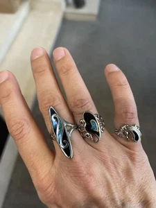 Set Of 3 Silver, Turquoise And Onyx Rings - Picture 1 of 11