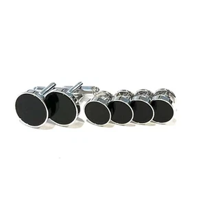 Round Onyx Cufflinks And Dress Shirt Studs Set Men Wedding Essential Gift - Picture 1 of 7