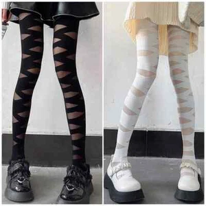 Bandage Style Mesh Pantyhose for Women Gothic Punk Cross Design Tights Fit - Picture 1 of 8