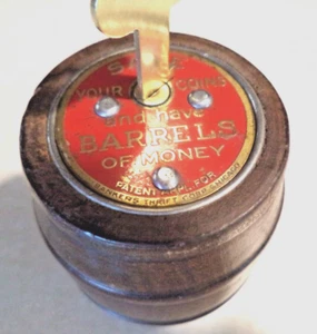 Chicago Thrift Wood Barrel of Money Coin Bank Manhattan State Bank Kansas 1 Key - Picture 1 of 8