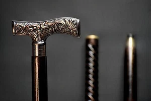 Brass Handle Walking Stick with Wooden Cane Spiral Design Copper AntIque - Picture 1 of 4
