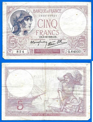 France 5 Francs 1939 5 October Purple Franc Frcs Frs Free Ship Worldwide - Image 1 of 3