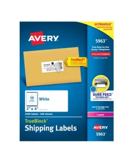 NEW! Avery 5963 TrueBlock Shipping Labels, 2" x 4", 2,500 Labels - Picture 1 of 1