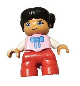 LEGO Duplo Girl Red Legs, Pink Top, Bow Tie, Black Hair Pigtails  - Excellent