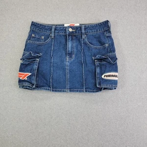 PacSun Formula 1 Denim Mini Skirt Womens 26 Cargo Pockets F1 Patch Racing Skirt - Picture 1 of 11