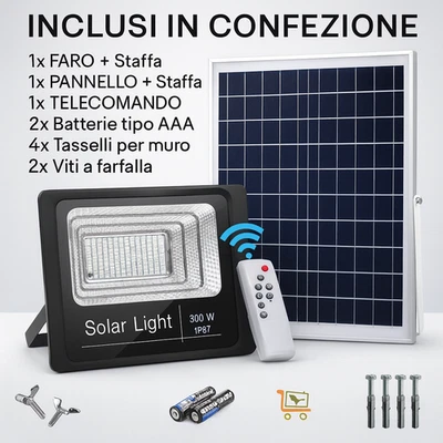 Faro LED Solare 800W + Pannello e Telecomando Impermeabile IP67 Esterno Giardino - Immagine 1 di 4