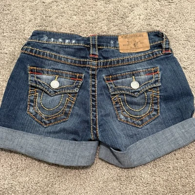 Pantalones Cortos de Denim True Religion Original Corte Enrollable Para Mujer Talla 25 - Tiro Bajo Foto 1 de 4