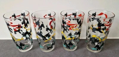 4 Vintage Glass Tumblers 1950's Black Scottie Dog & Ribbon Retro Kitsch Design - Image 1 of 4