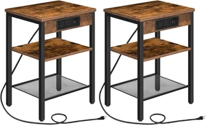 Side Tables Set of 2 with Charging Station and USB Port Small End Tables  3 Tier - Picture 1 of 12