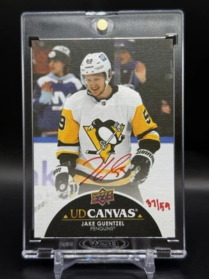 2021-22 UD Clear Cut Jake Guentzel UD Canvas Auto /59 Red Ink #CS-JG - Image 1 of 2