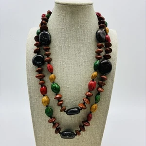 Bunte Holz Perlen Lange Halskette Boho Mehrfarbig Grob Doppelstrang Statement - Bild 1 von 3