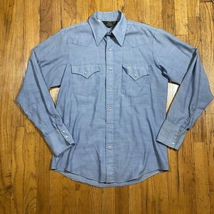 Vintage 70s Sears Pearl Snap Shirt Size M Blue Chambray Denim Western Wear - Picture 1 of 7