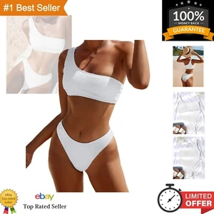 Stylish White Ribbed Bikini Set for Women - One Shoulder Top & Low Waist - Picture 1 of 8